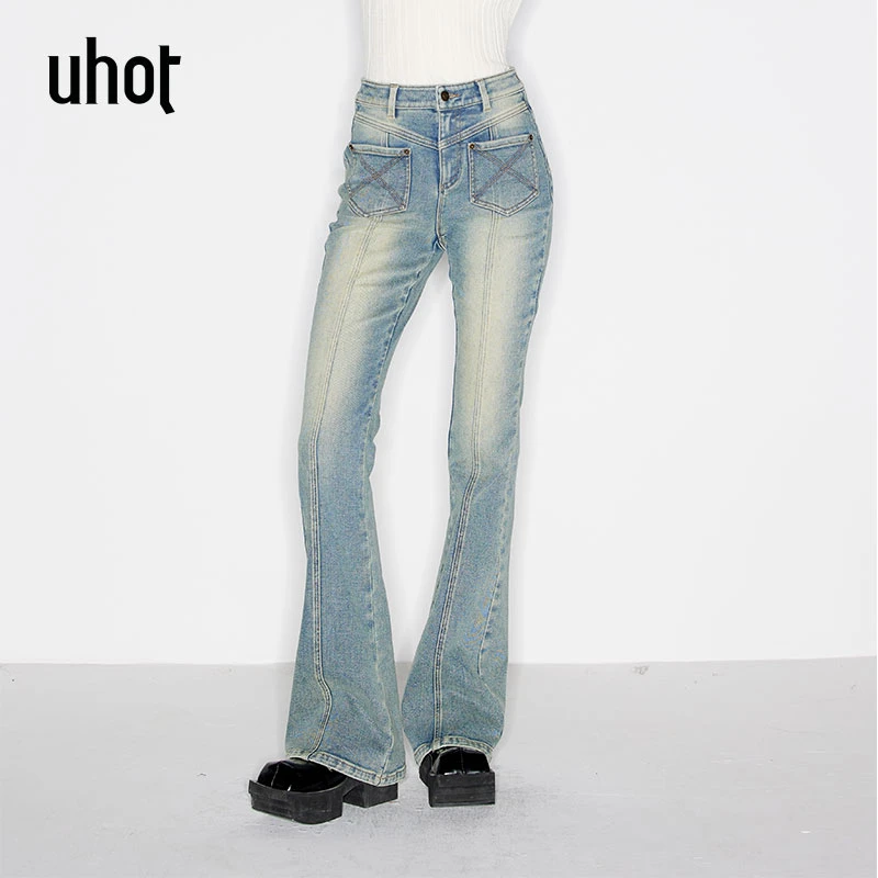 uhot 蓝色洗水渐变微喇中缝分割设计感牛仔长裤品质女装UWSW2K226