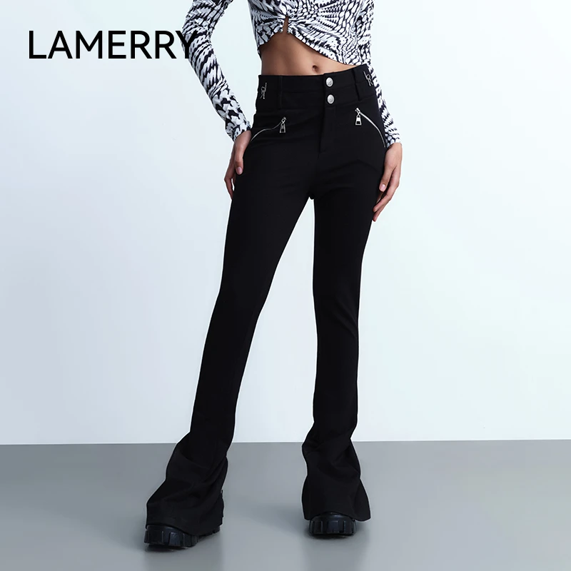 LAMERRY 黑色平纹针织弹力收腹显瘦高腰喇叭裤 LWSA1K050