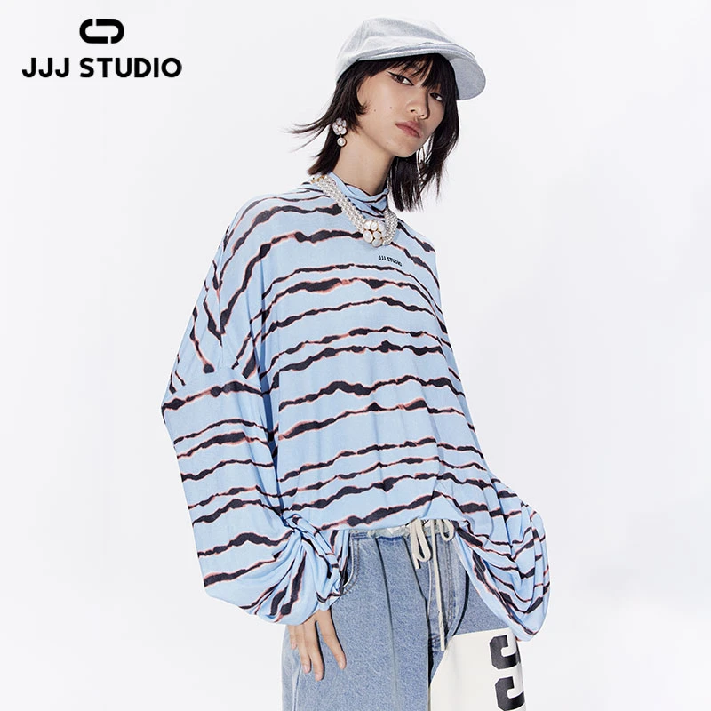 JJJ STUDIO 花色条纹立领设计长T恤亲肤舒适休闲百搭女JUWSA1T210