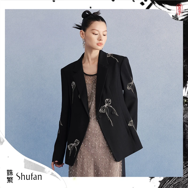 姝繁 银丝刺绣✖立体钉钻黑色优雅经典优雅蝴蝶绣花西装SUWFW1W712