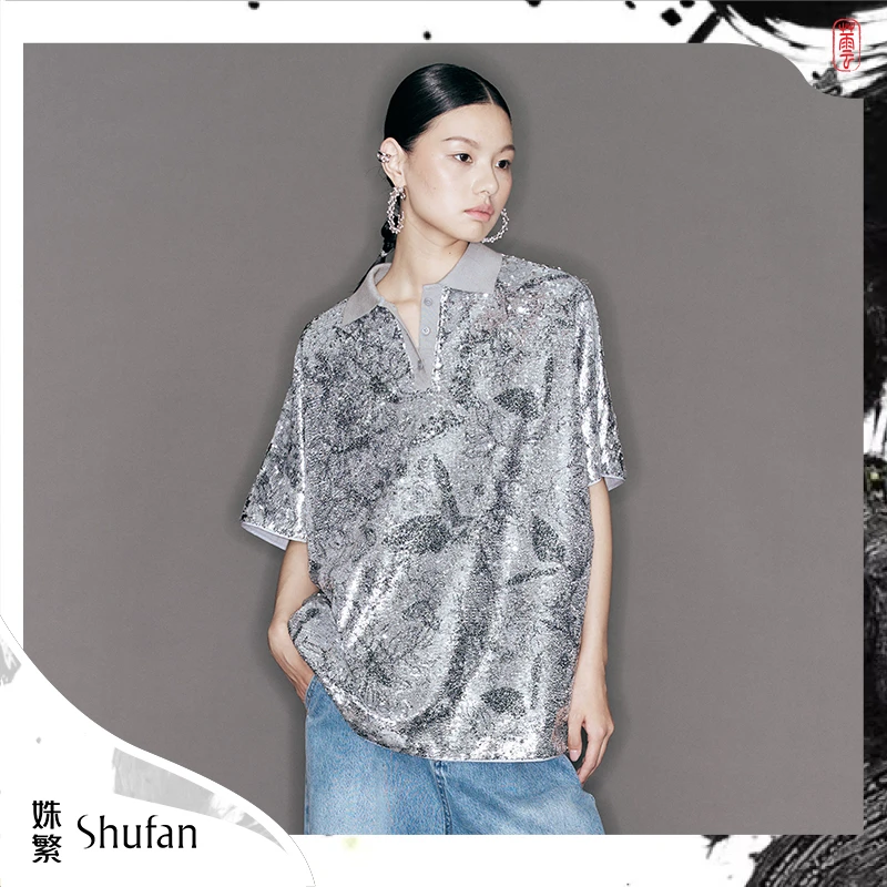 姝繁 银色新中式亮片绣花简约慵懒感POLO领落肩袖上衣 SLWFR1N670