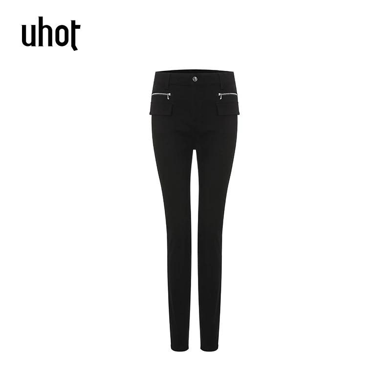 uhot 黑色拉链牛仔紧身小脚裤个性百搭亲肤舒适女装休闲UWSW4K189
