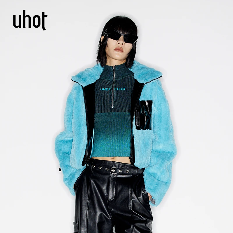 uhot诱货 蓝色LOGO烫画撞色门襟立领设计短外套时尚保暖UWSW6W286