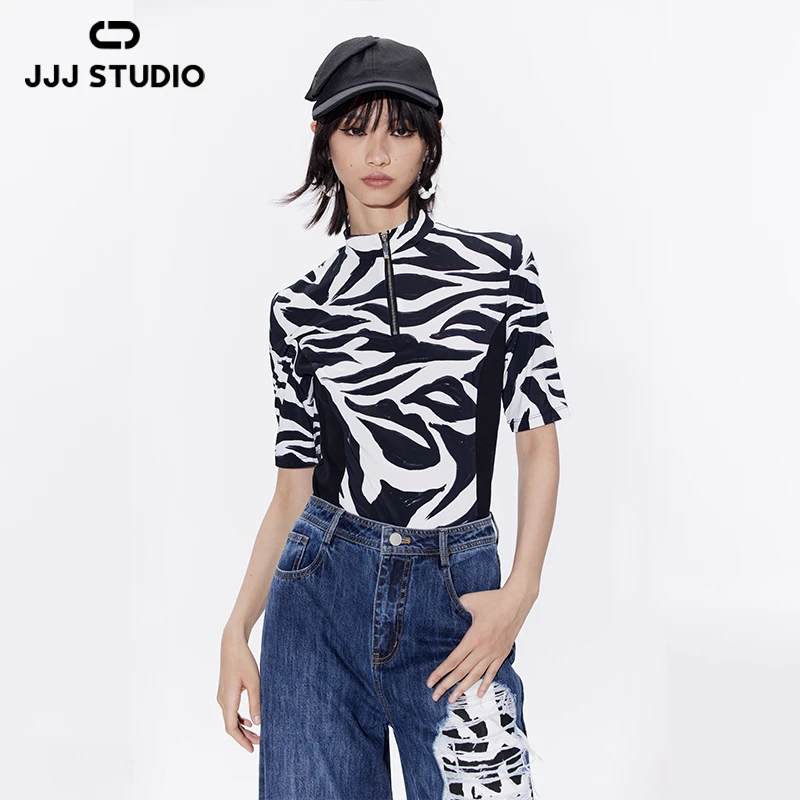 JJJ STUDIO 黑白色斑马纹修生短款显瘦时尚上衣设计师 JLWSA1N009