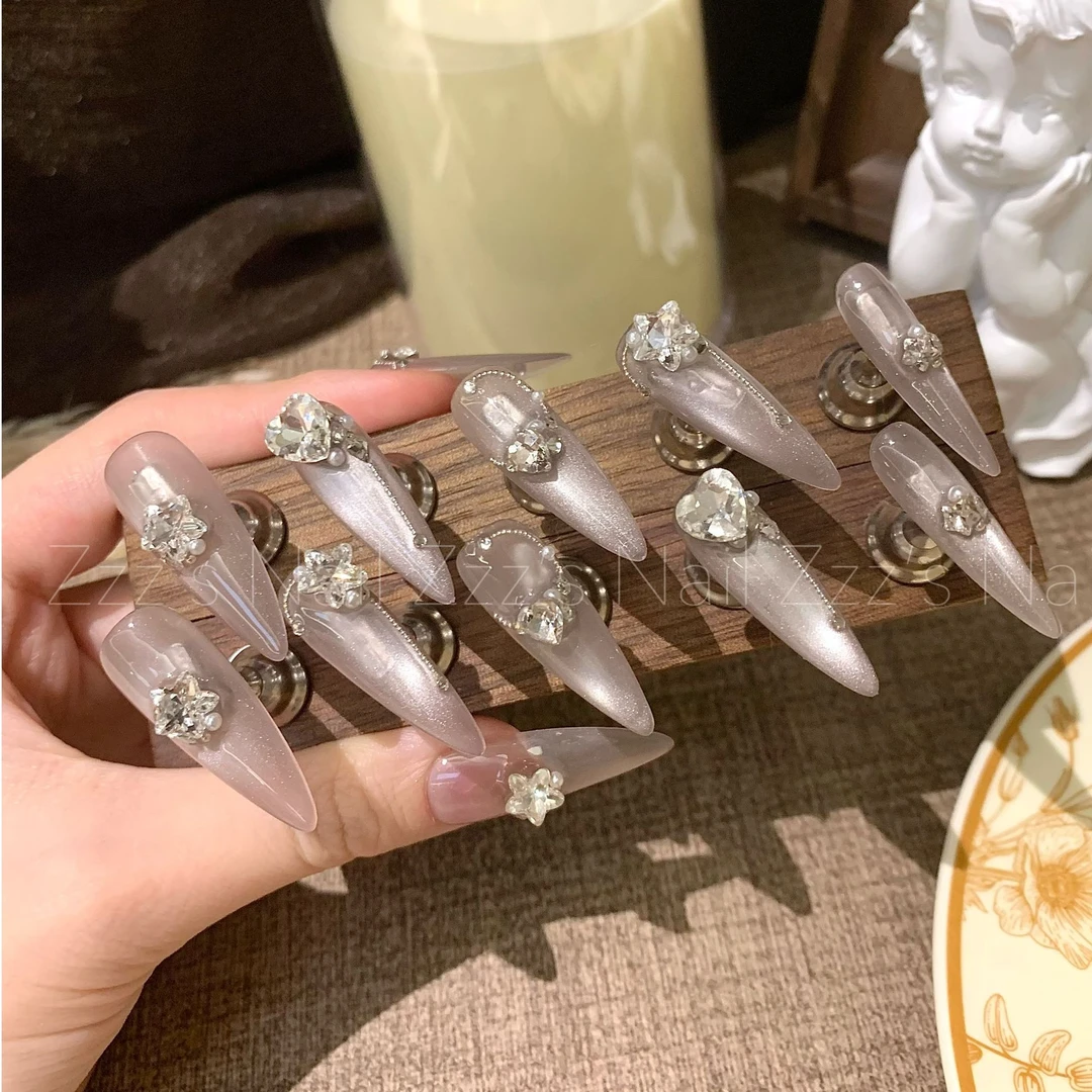 【椰椰奶灰】长尖圆 气质重工 灰色猫眼 高级清冷冰透 纯手工穿戴甲