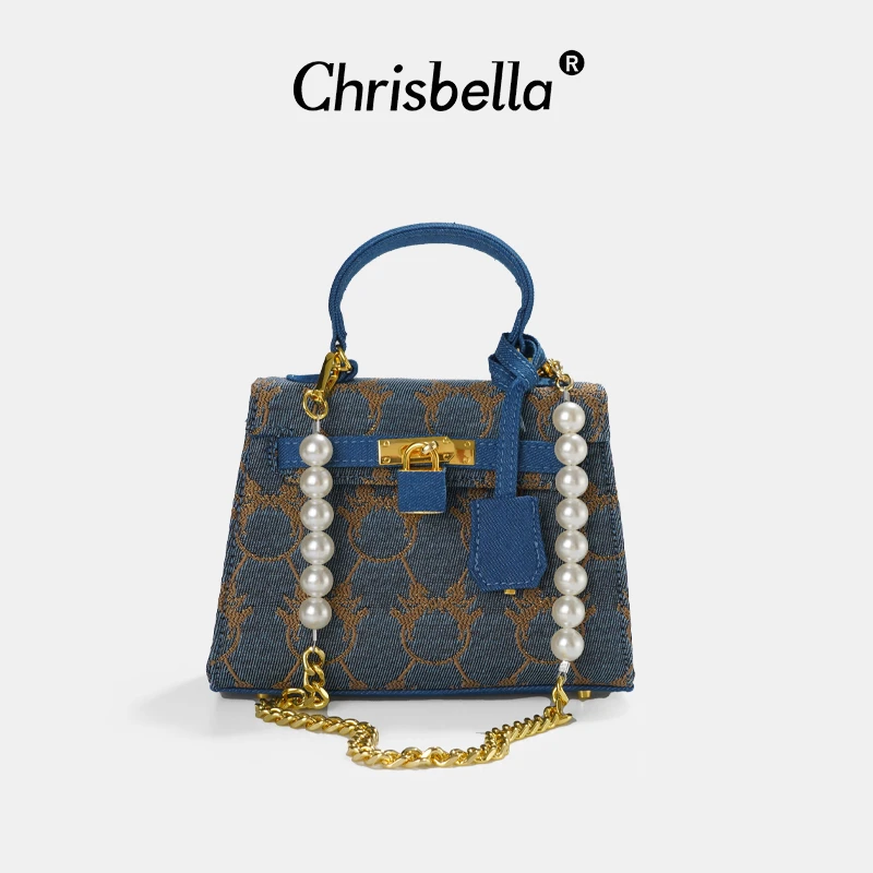 CHRISBELLA品牌小众设计师款牛仔手提斜挎凯莉包
