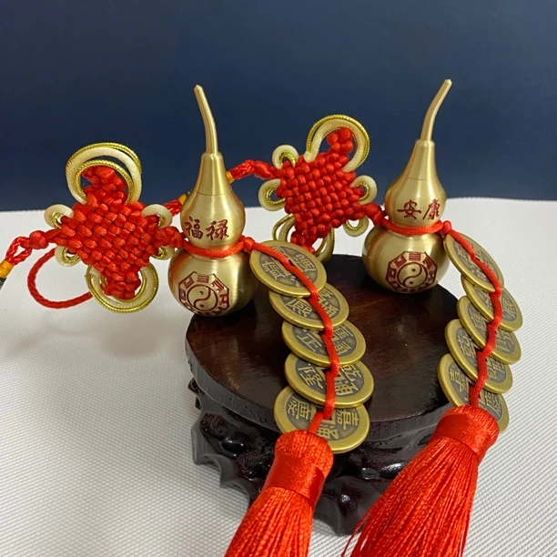【老师推荐】高端定制加厚五帝钱黄铜双面刻字刻图铜葫芦吉祥结挂件