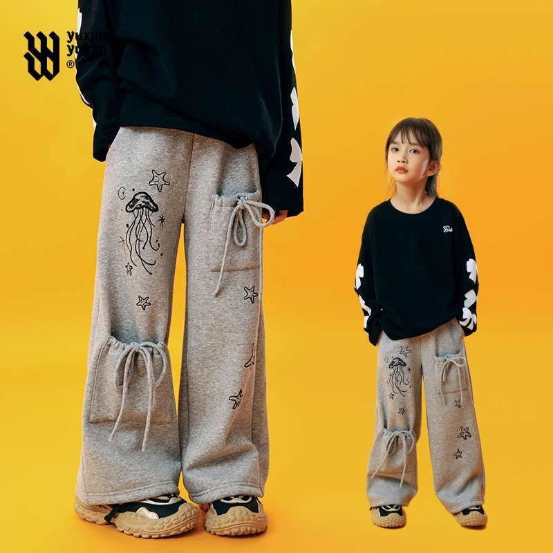 雨星雨嫣女童冬款加绒卫裤直筒潮牌休闲裤2024新款儿童女大童裤子