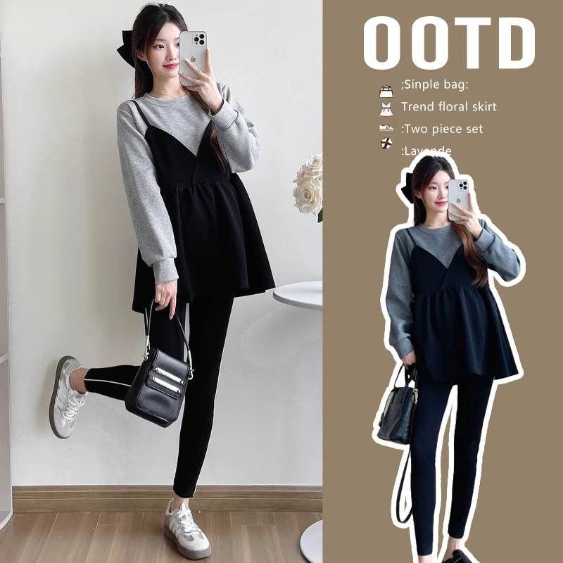 孕妇装秋装假两件拼色长袖上衣宽松大码娃娃衫冬装加绒保暖卫衣冬