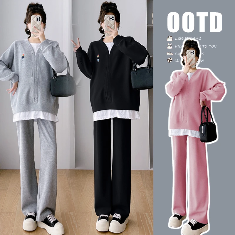 孕妇装春秋网红休闲运动风韩版时尚设计感假两件托腹外穿加绒套装