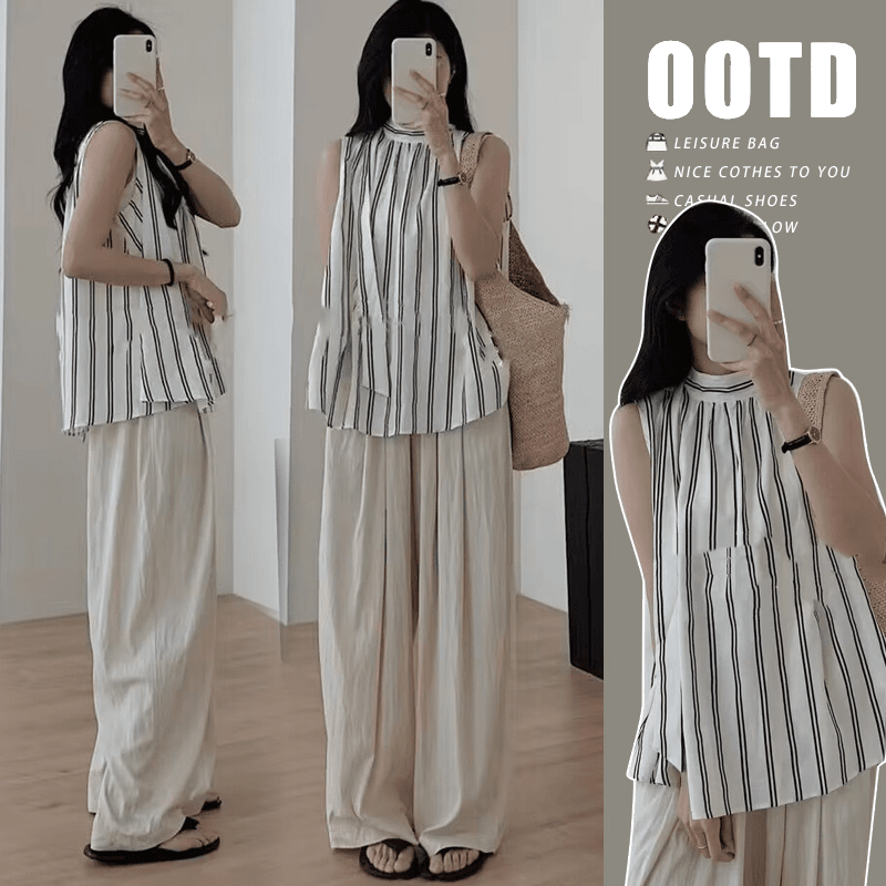【瑶瑶】孕妇法式复古宽松条纹夏季通勤时尚百搭系带背心直筒拖地裤
