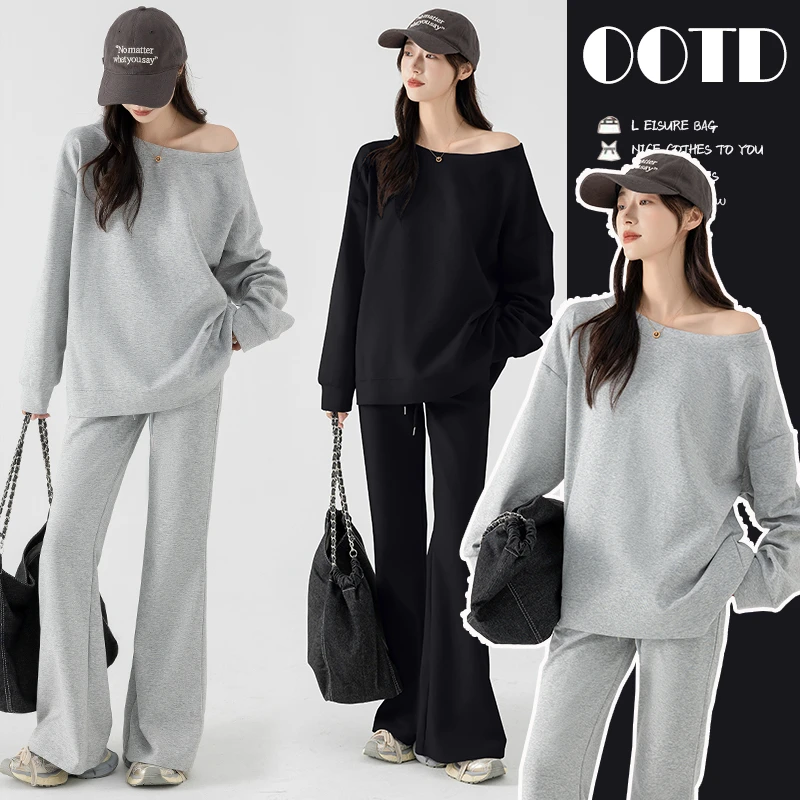 2024秋冬孕妇套装宽松一字肩长袖运动时尚卫衣+休闲喇叭裤两件套