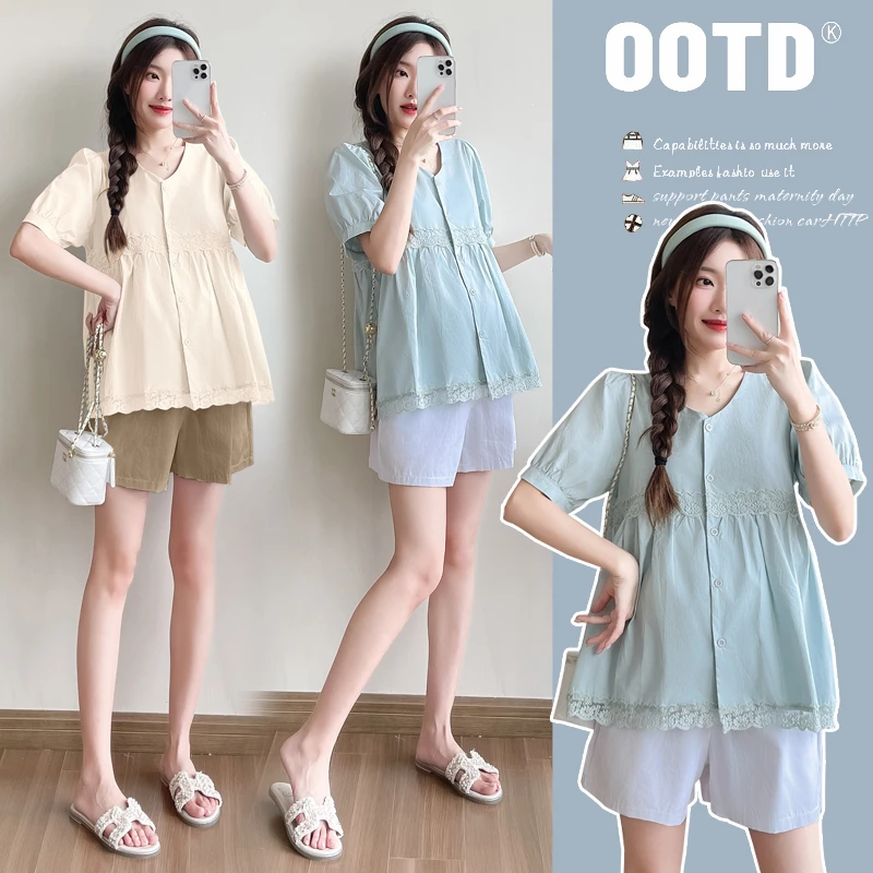 2024孕妇装新款法式简约甜美方领衬衫宽松型夏季类似边孕妇上衣女