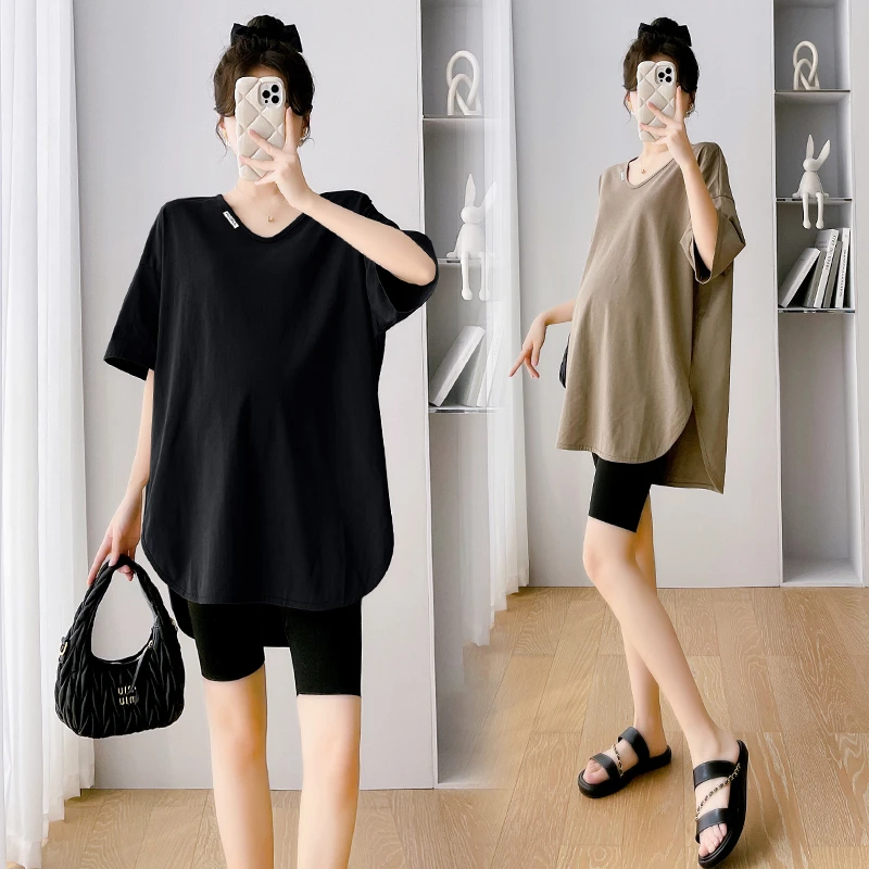 孕妇装夏季新款时尚打底衣韩版休闲宽松洋气纯色V领孕妇短袖T恤女