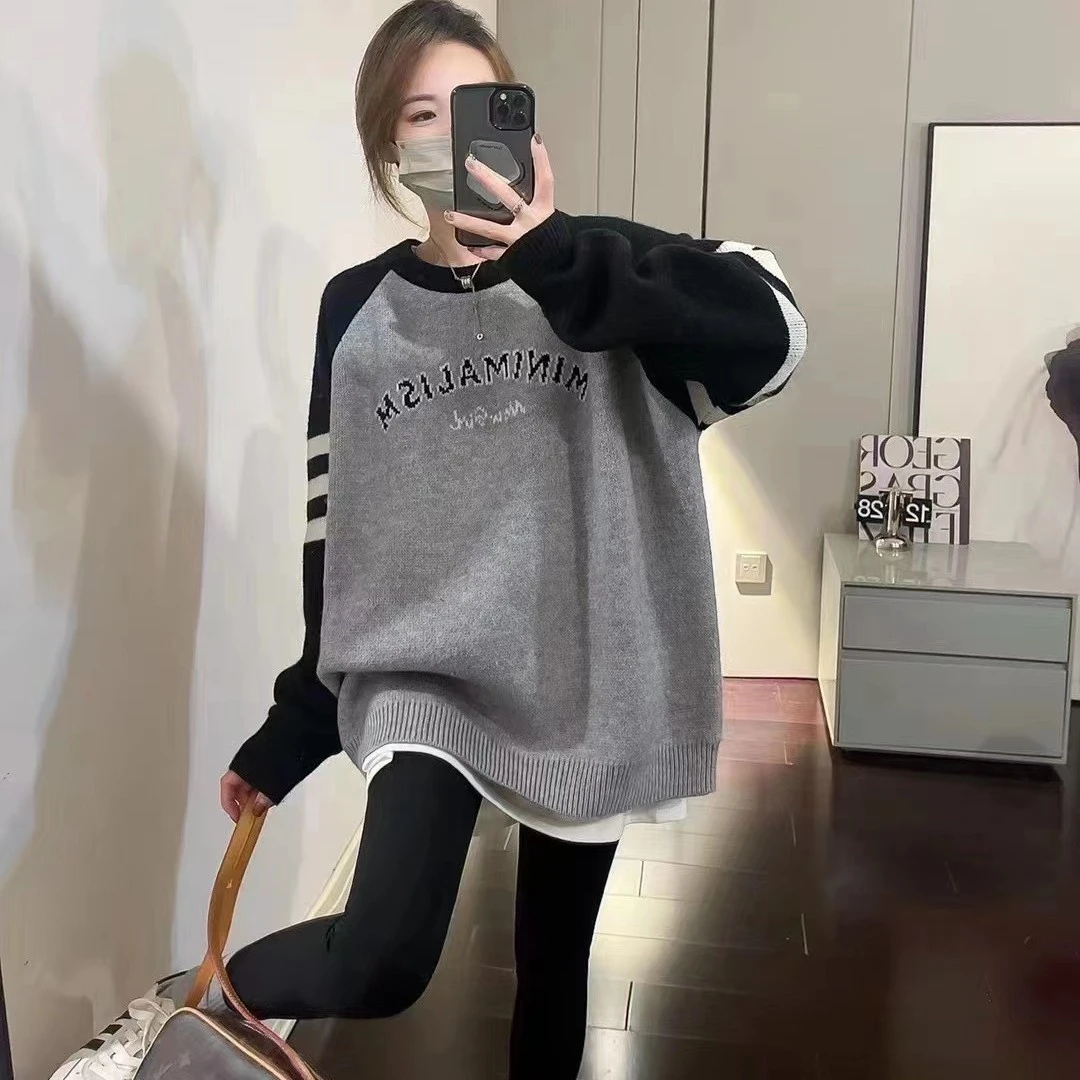 秋冬新款字母撞色条纹套头孕妇毛衣宽松厚实时尚洋气针织孕妇上衣