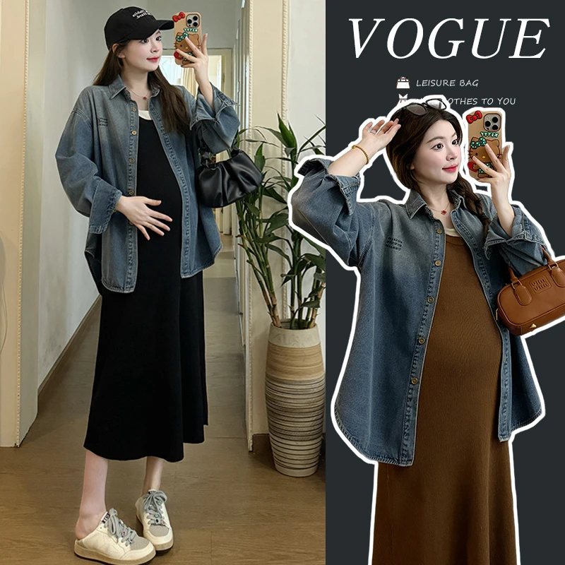 孕妇装生完也能穿的春秋时尚新款假两件显瘦背心裙+渐染牛仔衬衫