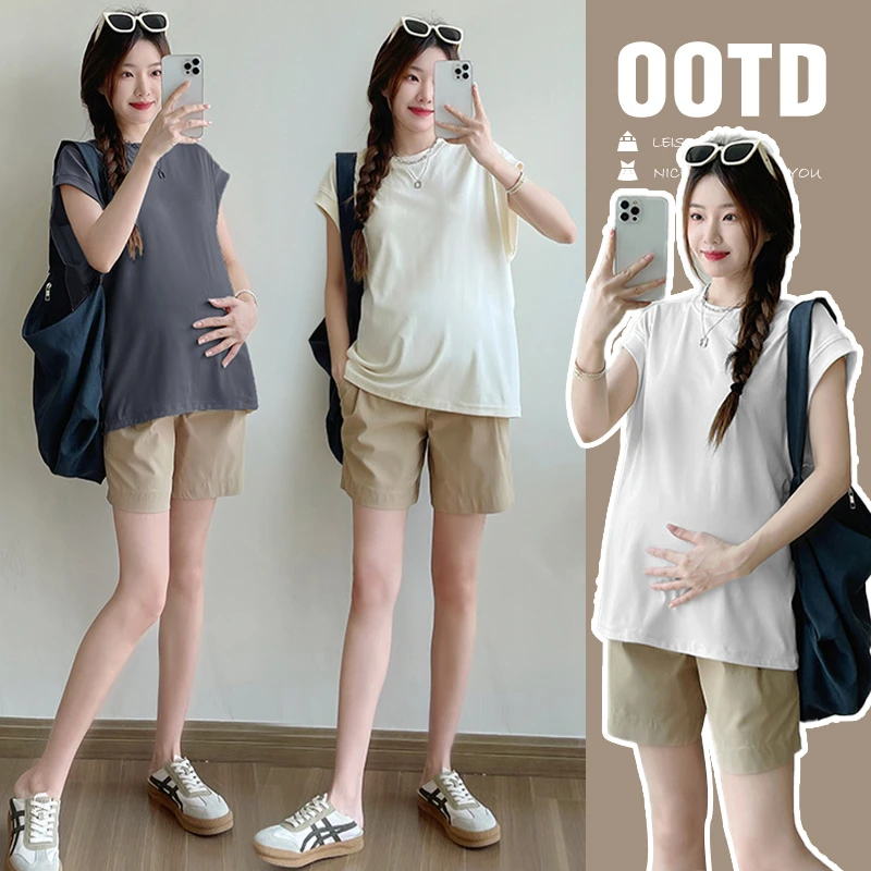 2024孕妇装夏季新款韩版净版休闲时尚孕妇上衣托腹外穿短裤两件套