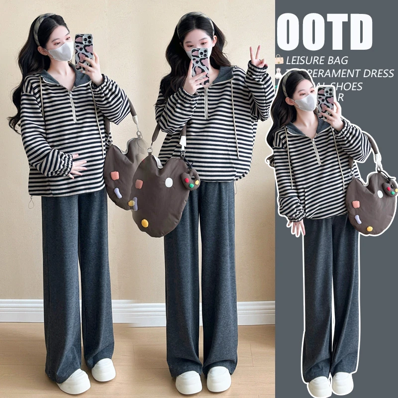 孕妇装2025慵懒风条纹显瘦卫衣春秋新款韩系宽松休闲阔腿裤两件套