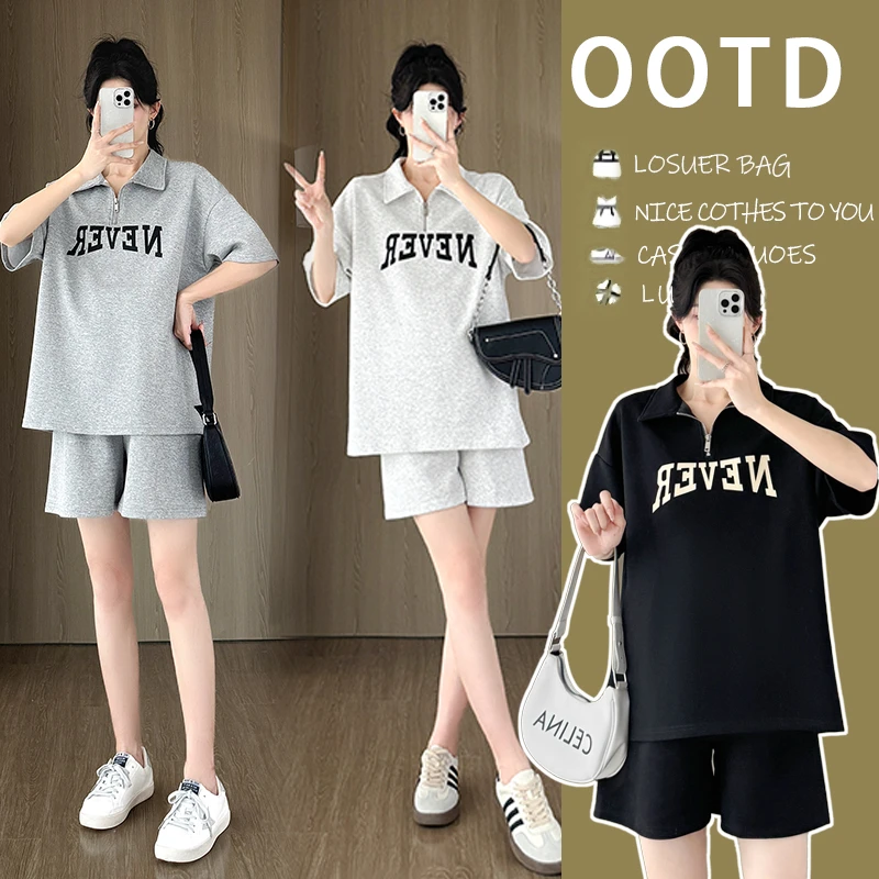 2025新款孕妇夏装宽松显瘦高级感拉链字母运动短袖卫衣韩版两件套