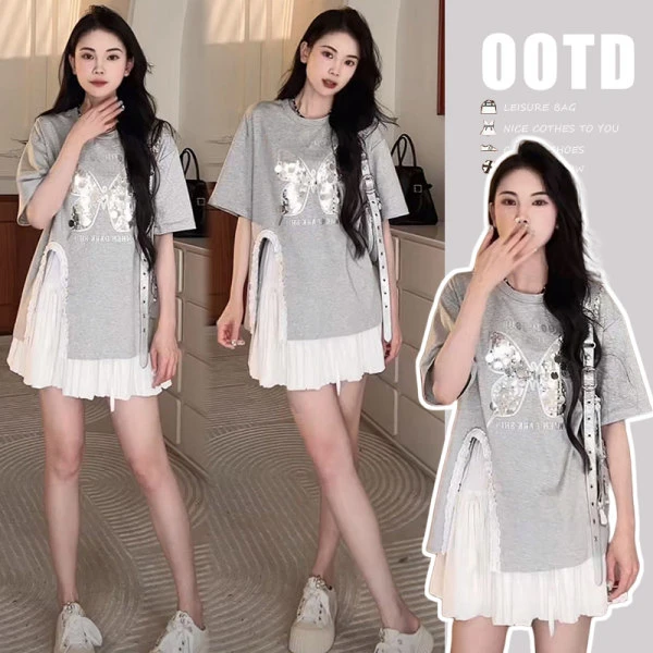 2025夏季新款孕妇装小清新蝴蝶开叉时尚上衣休闲显瘦外穿潮妈短裙