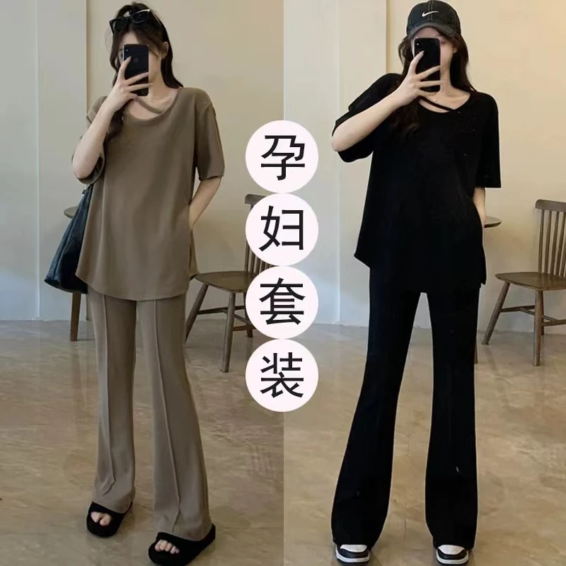 孕妇套装2025夏季冰丝休闲宽松纯色高级外穿显瘦垂感阔腿裤两件套