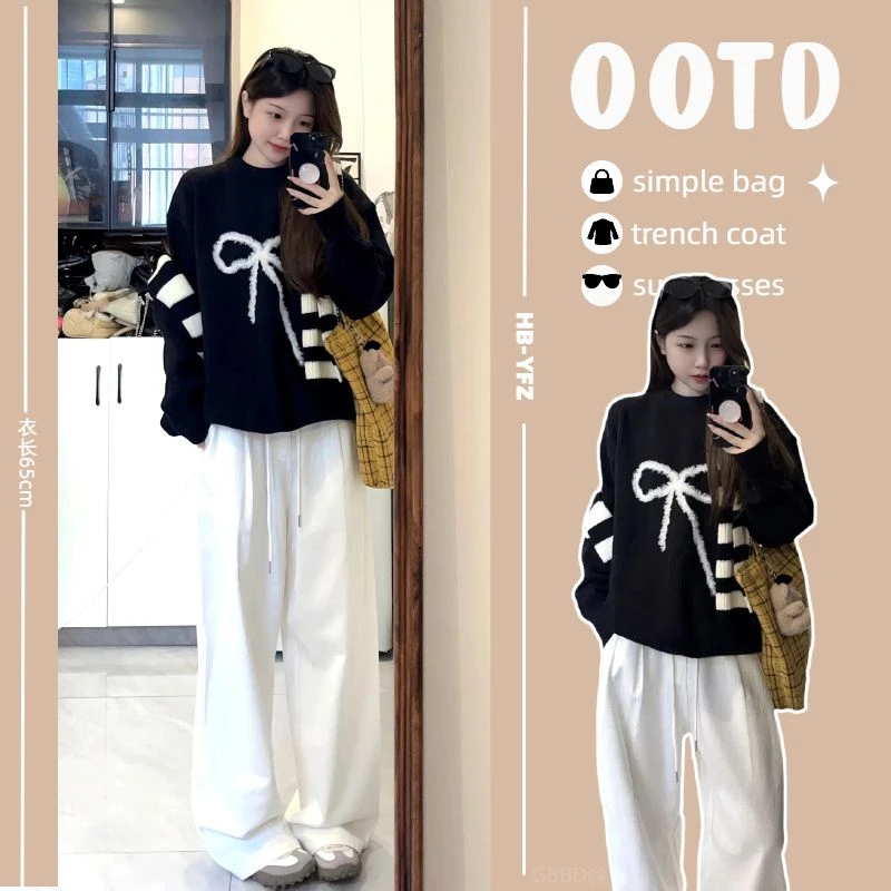 孕妇装2024秋冬新款蝴蝶结提花毛衣宽松长袖保暖针织衫圆领秋冬款