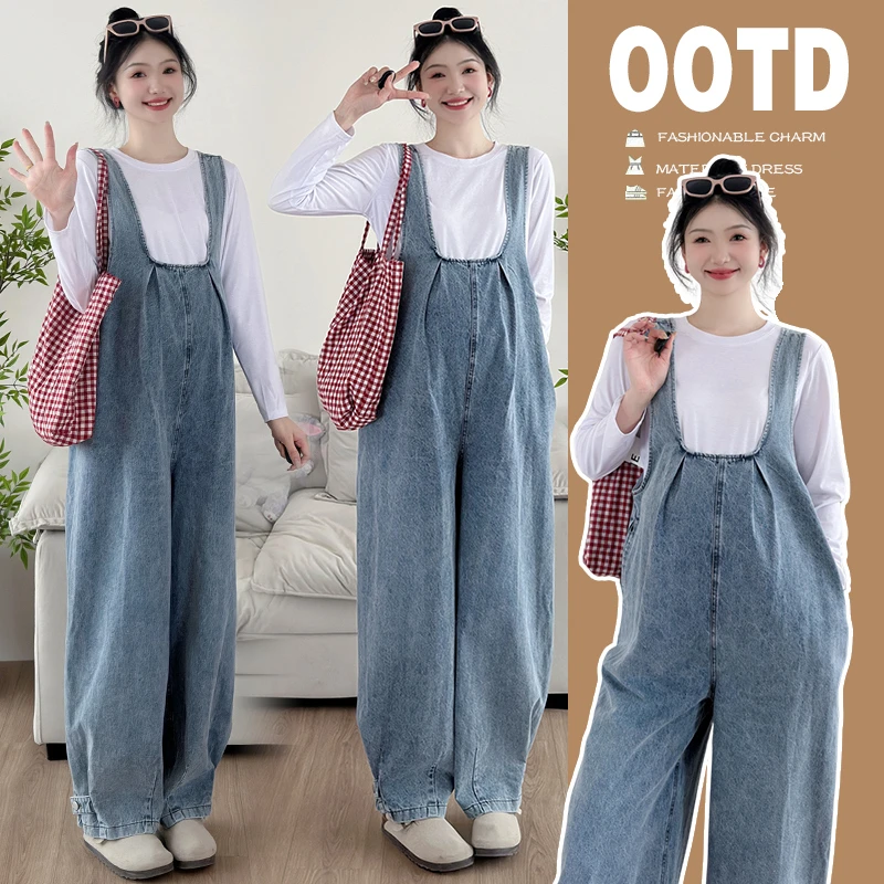 孕妇装春装套装牛仔背带裤2025秋季新款高腰宽松显瘦裤子两件套潮