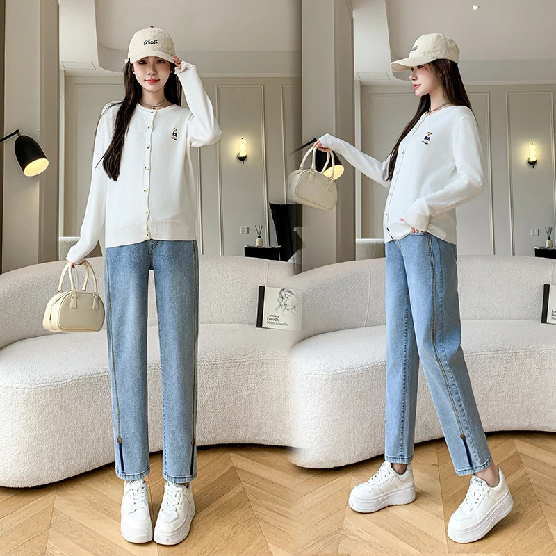 秋季新款2024弹力烟管裤孕妇铅笔裤牛仔托腹直筒休闲裤老爹裤