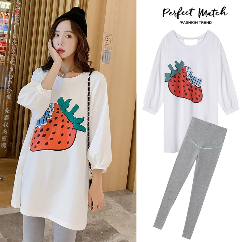 孕妇装套装夏季新款时尚百搭七分袖T 恤中长款上衣潮妈孕妇两件套