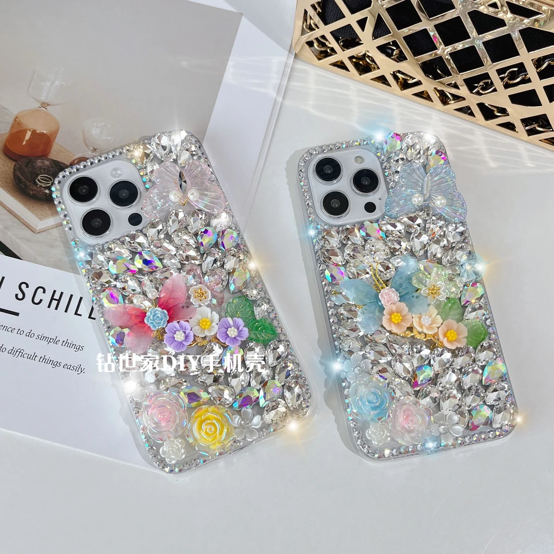适用苹果16/华为/vivo/OPPO蝶恋花手工网红钻石女款创意手机壳