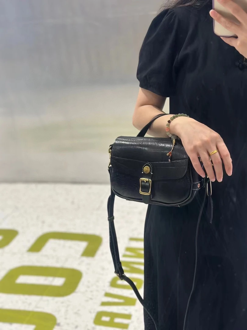 传高级感头层植鞣牛皮复古马鞍包小众单肩斜挎真皮手工包女