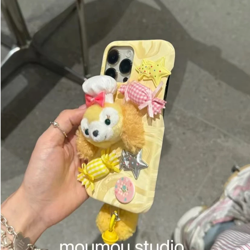 皮纹卡通毛绒黄狗狗糖果星星适用苹果16promax手机壳iPhone15可爱