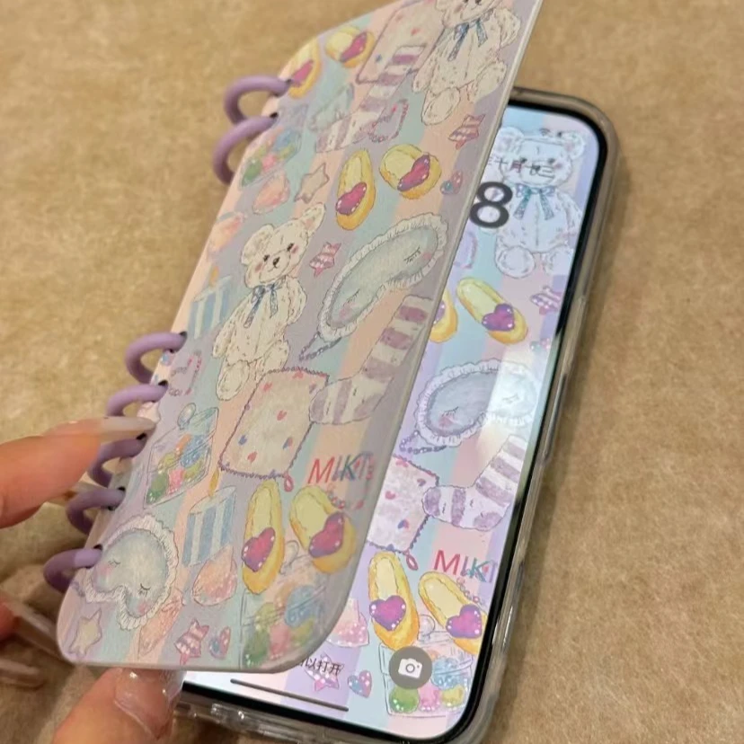卡通彩色条纹小熊笔记本适用iPhone16promax苹果15手机壳14个性13