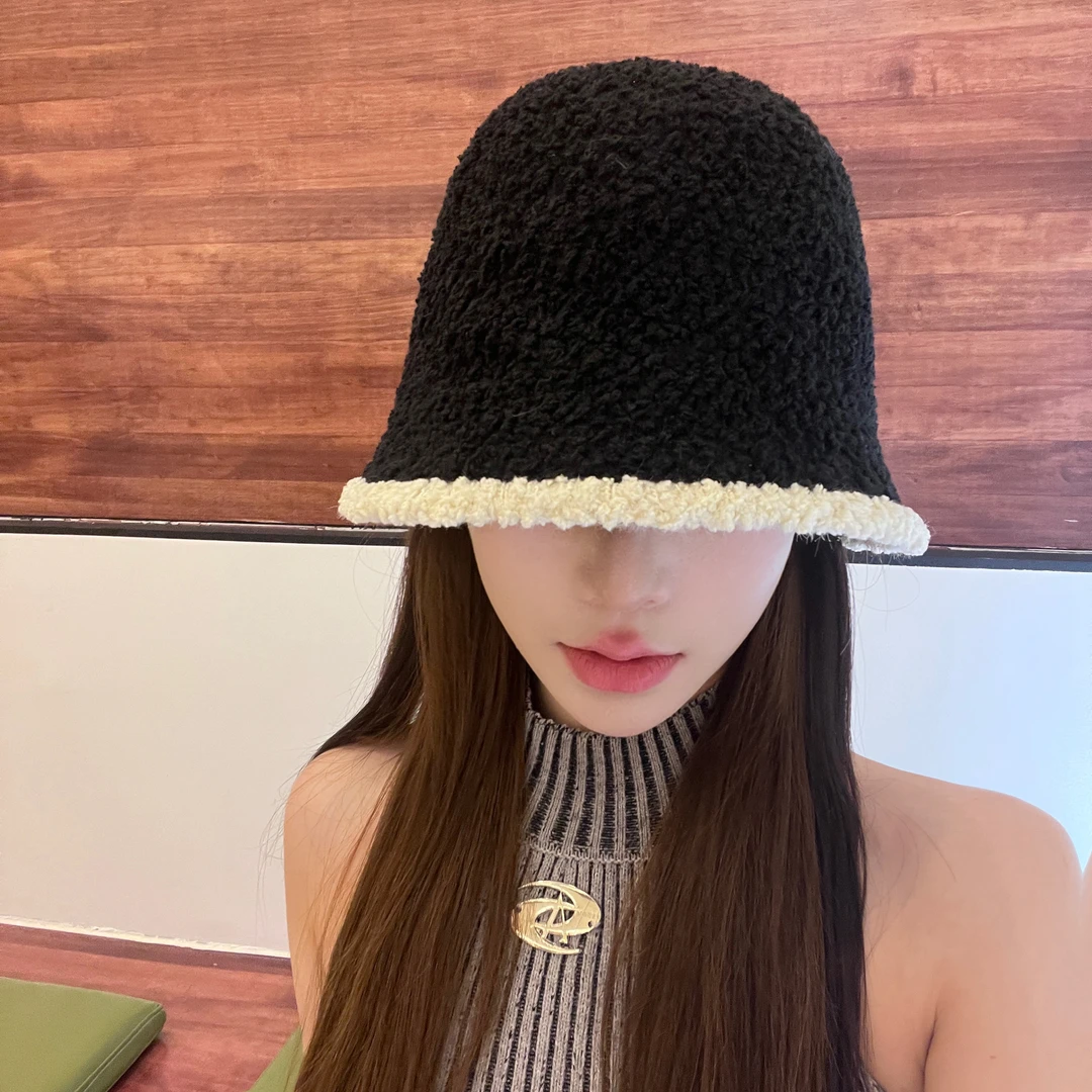 加大小香风百搭羊羔颗粒毛绒渔夫帽子2023新款显脸小素颜水桶帽