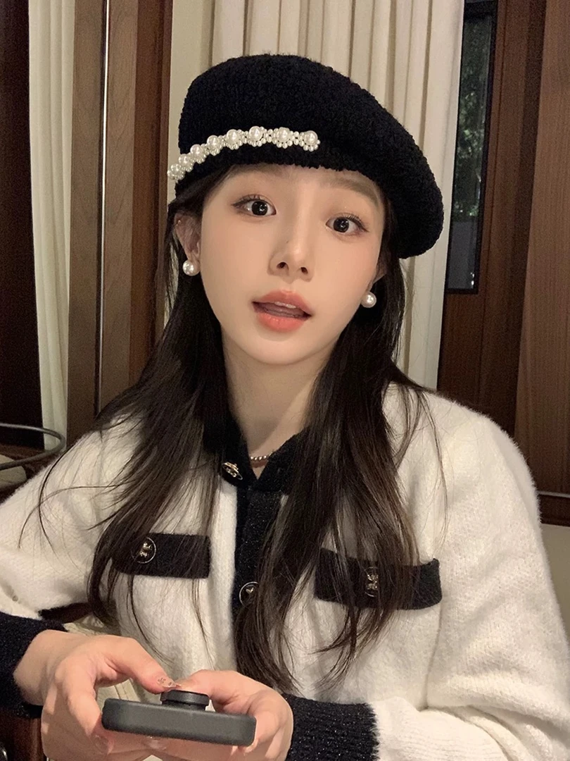 名媛气质千金风复古珍珠贝雷帽英伦风一体成型百搭画家帽