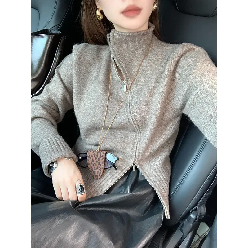 毛针织衫女士秋冬季新款翻领斜拉链不规则宽松显瘦休闲长袖短外套