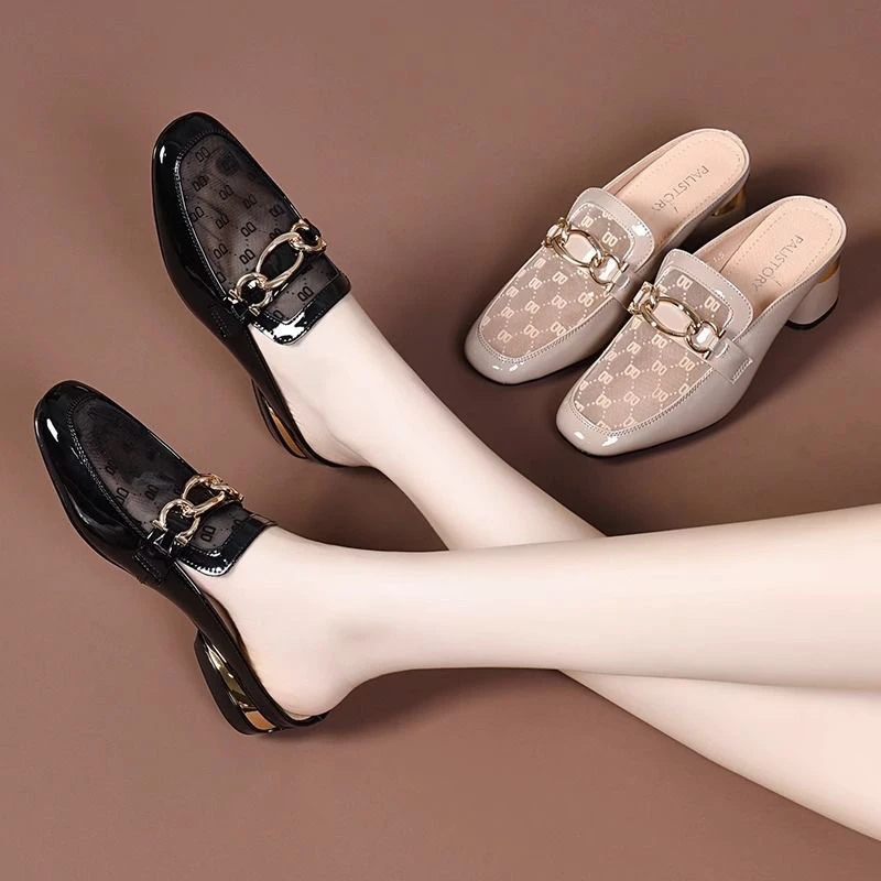 2024新款包头半拖鞋女夏外穿时尚低跟网纱半拖单鞋粗跟软皮凉拖鞋