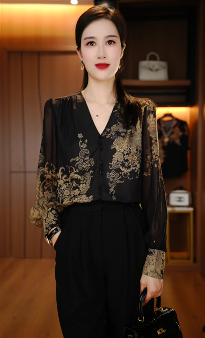 国颐 新款小立领衬衣显瘦时尚百搭优雅小衫V24W148