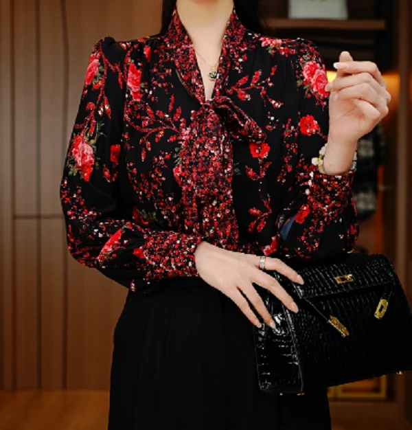 国颐 新款琉璃双绉丝长袖气质显瘦百搭时尚轻奢小衫V24M0203