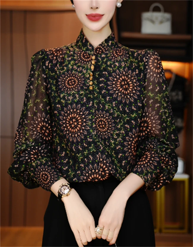 国颐 新款琉璃双绉丝V领长袖气质显瘦百搭时尚轻奢小衫V24Q0512