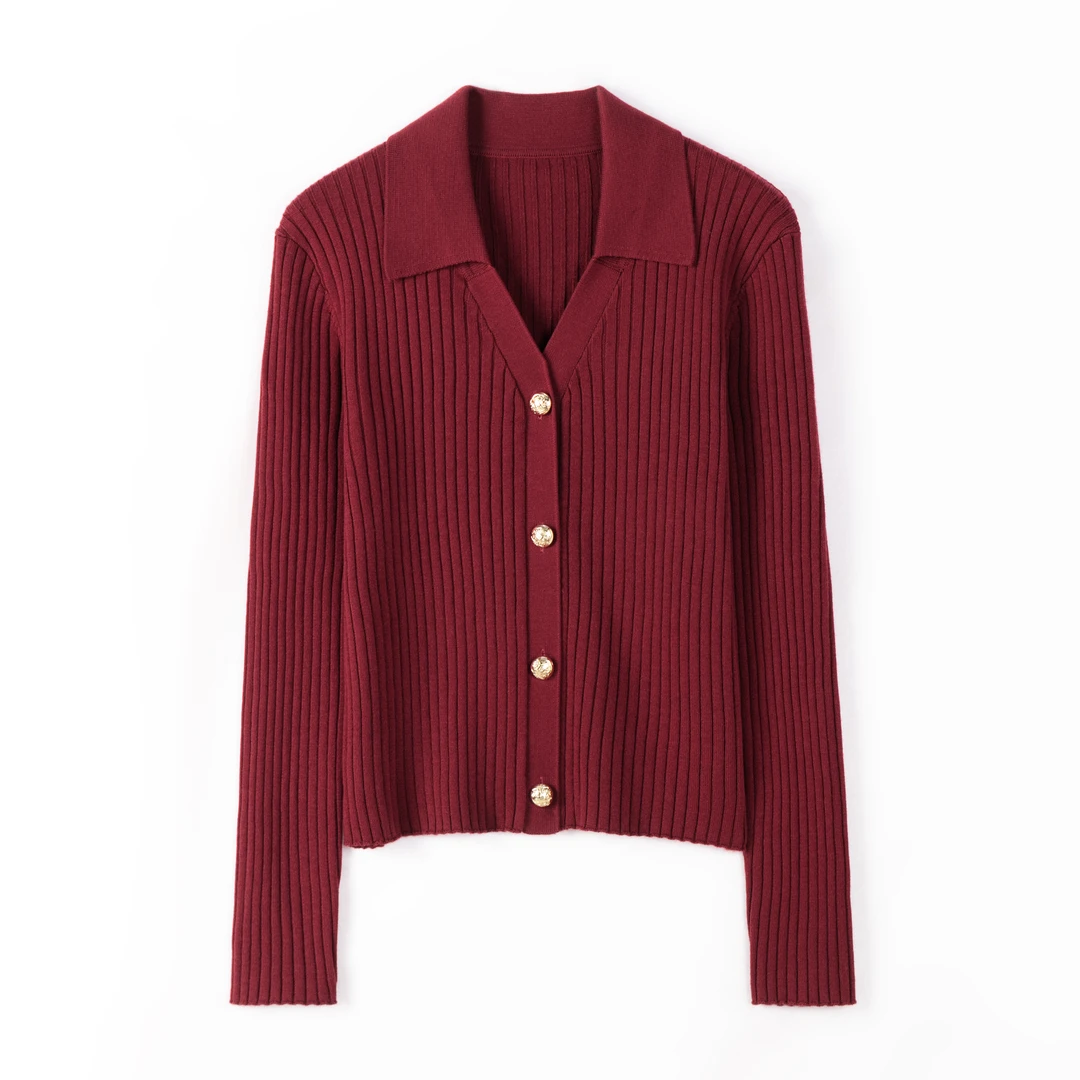 【啦啦精选】长袖针织开衫2024时尚气质翻领针织衫24926