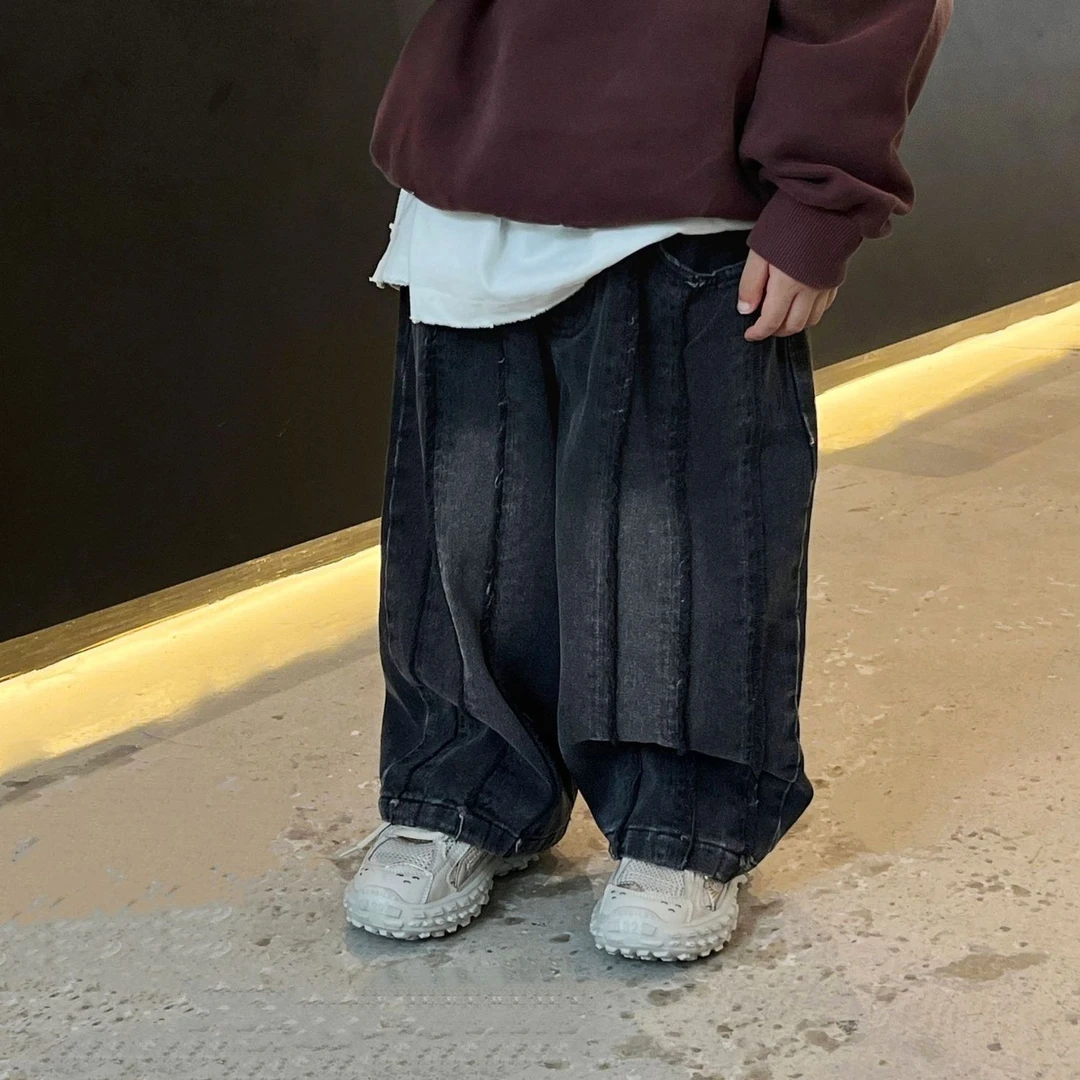 辰baby2025儿童宽松百搭拼接软牛仔长裤牛仔裤男童韩版洋气休闲