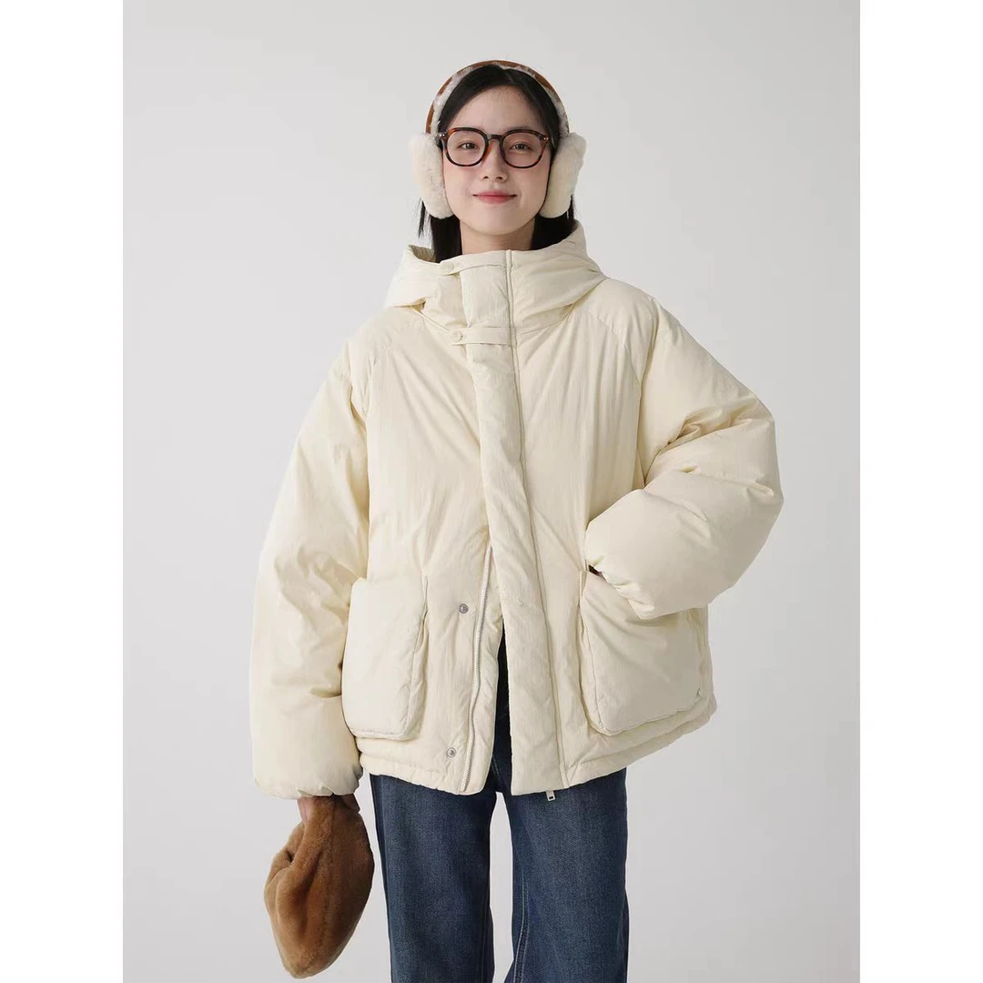 设计师款连帽羽绒服立领大口袋短款蓬松保暖宽松百搭面包服外套
