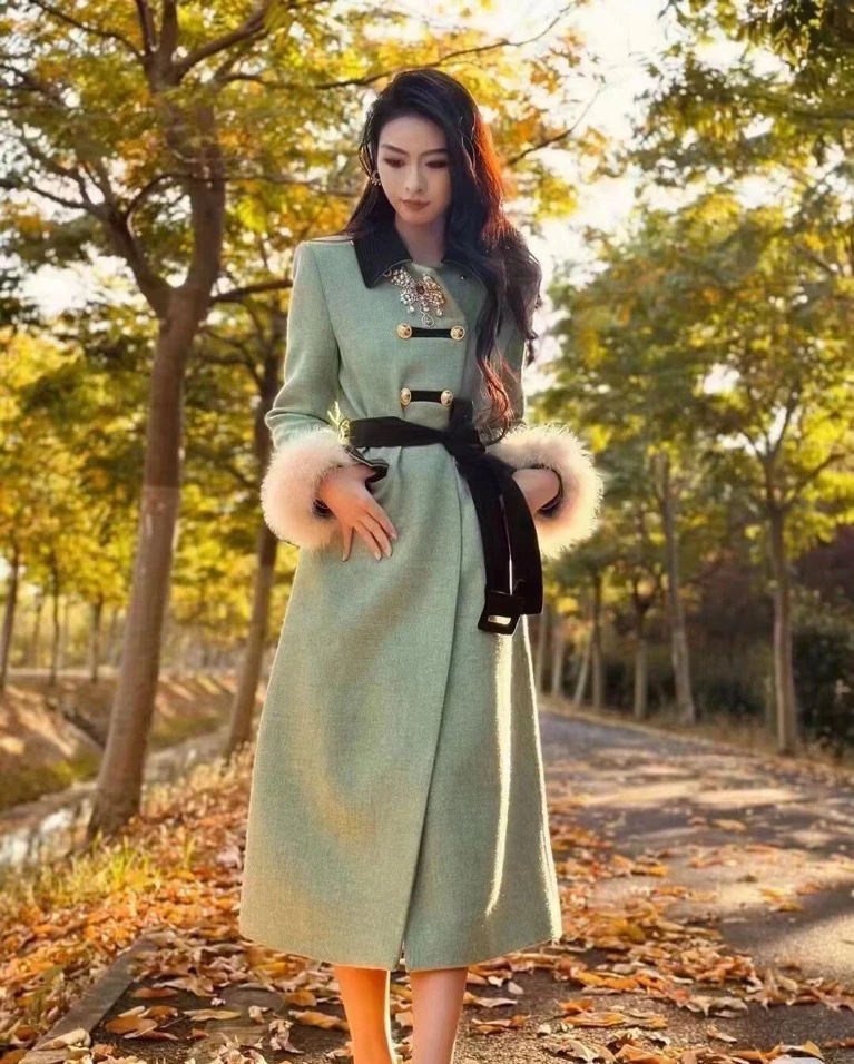 秋季骑士风珠宝蝴蝶结羽毛女装毛呢大衣女冬 小香风复古外套显瘦