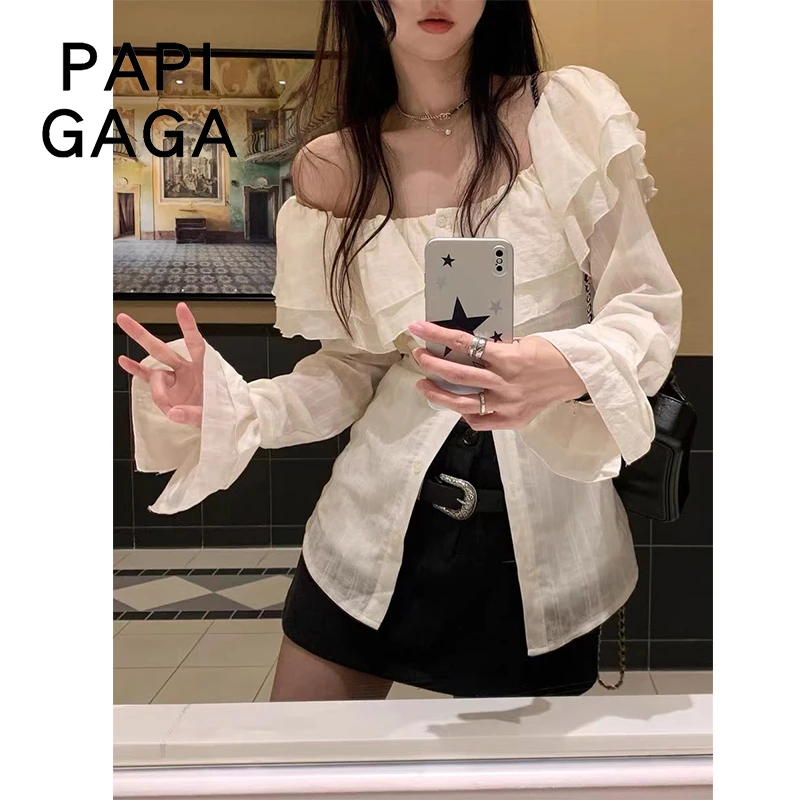 【特价浮力】荷叶边一字肩长袖衬衫女装春设计感小众上衣别法式时尚