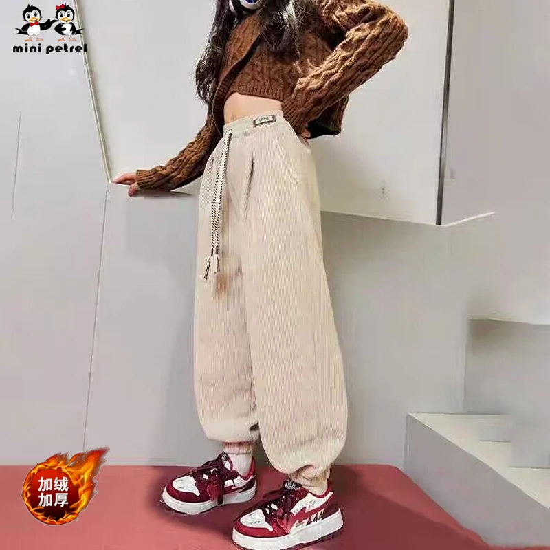 女童裤子秋冬季新款洋气女孩中大童一体绒灯芯绒加厚百搭款束脚裤