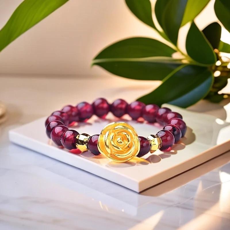 [黄金补贴】足金玫瑰花搭配天然石榴石女士戒指（证书、礼盒）