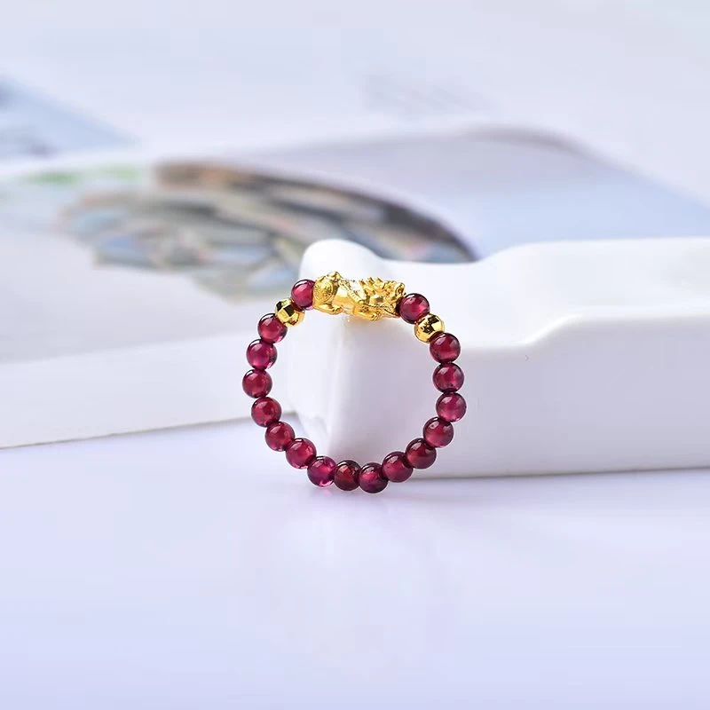 女款[黄金补贴】足金貔貅搭配天然石榴石女士戒指