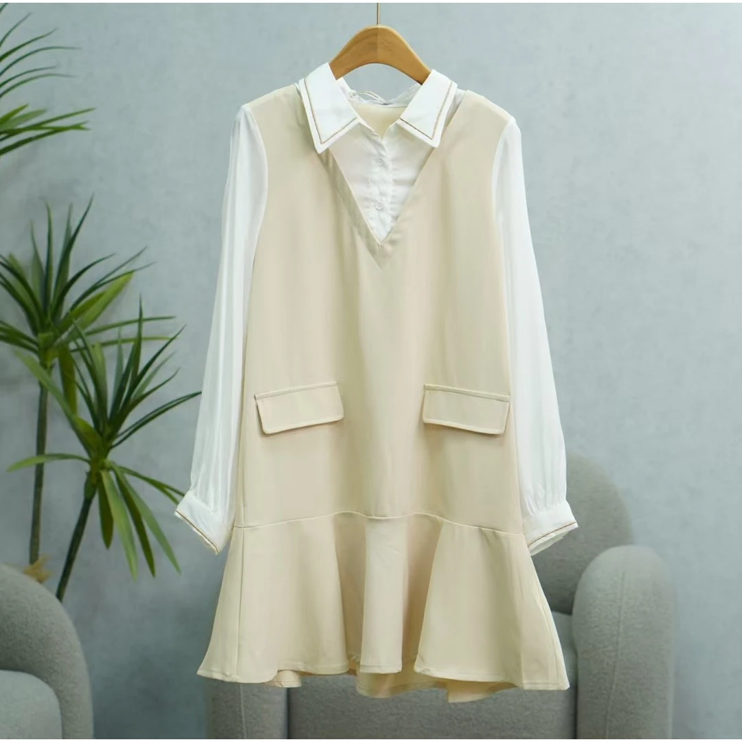 枺系列     WZ1229  女装简约时尚长袖连衣裙米白D1121029