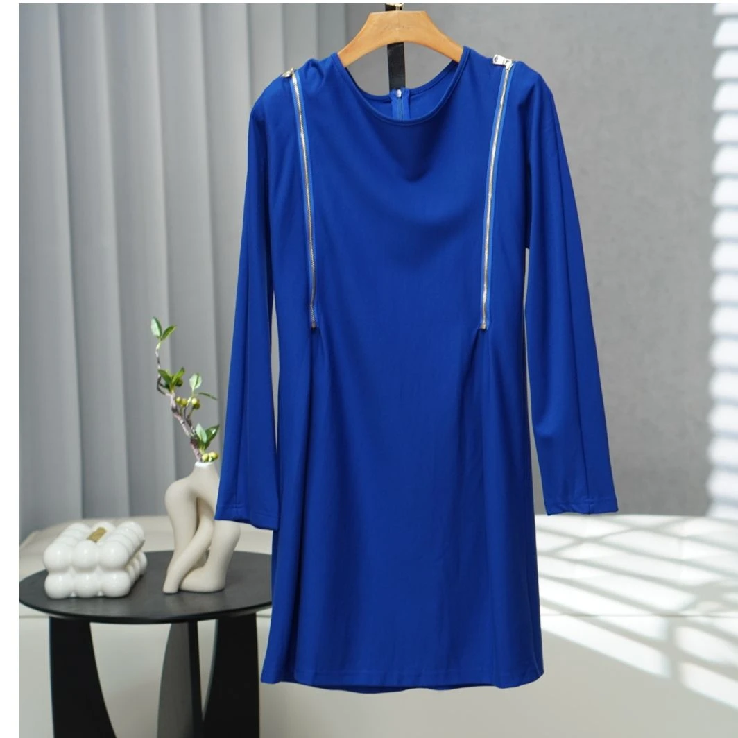 澳系列   HD062   女装简约时尚秋冬拼接连衣裙蓝色HM2219